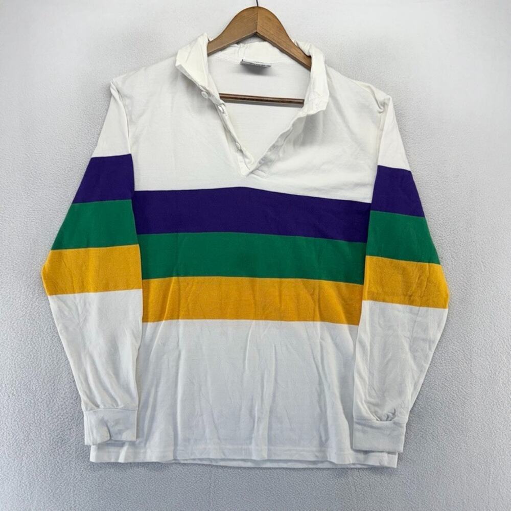 Vintage Mardi Gras Rugby Shirt men's Large White Purple Yellow Green Preppy 90s